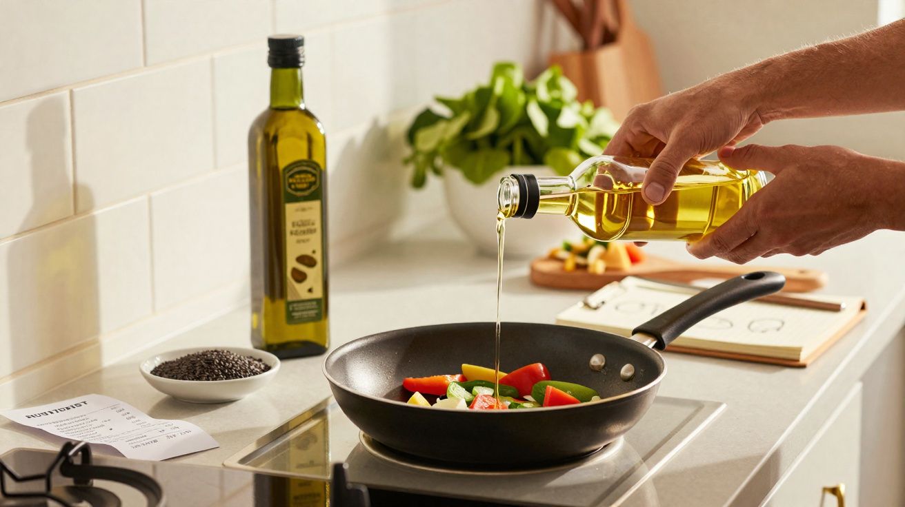 Hand giet olie in pan met groenten op fornuis in lichte keuken.