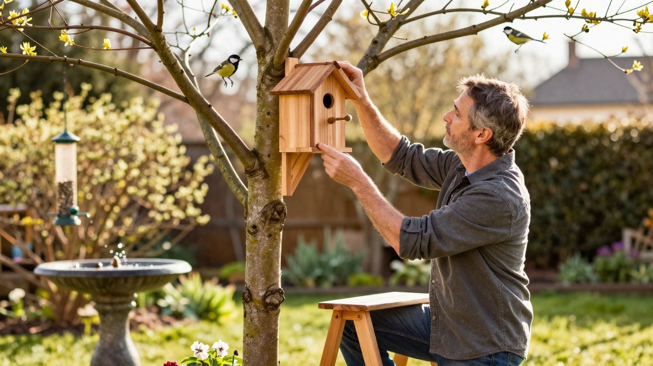 Man hangt houten vogelhuisje aan boom in zonnige tuin met mussen en vogelvoederbak op achtergrond.