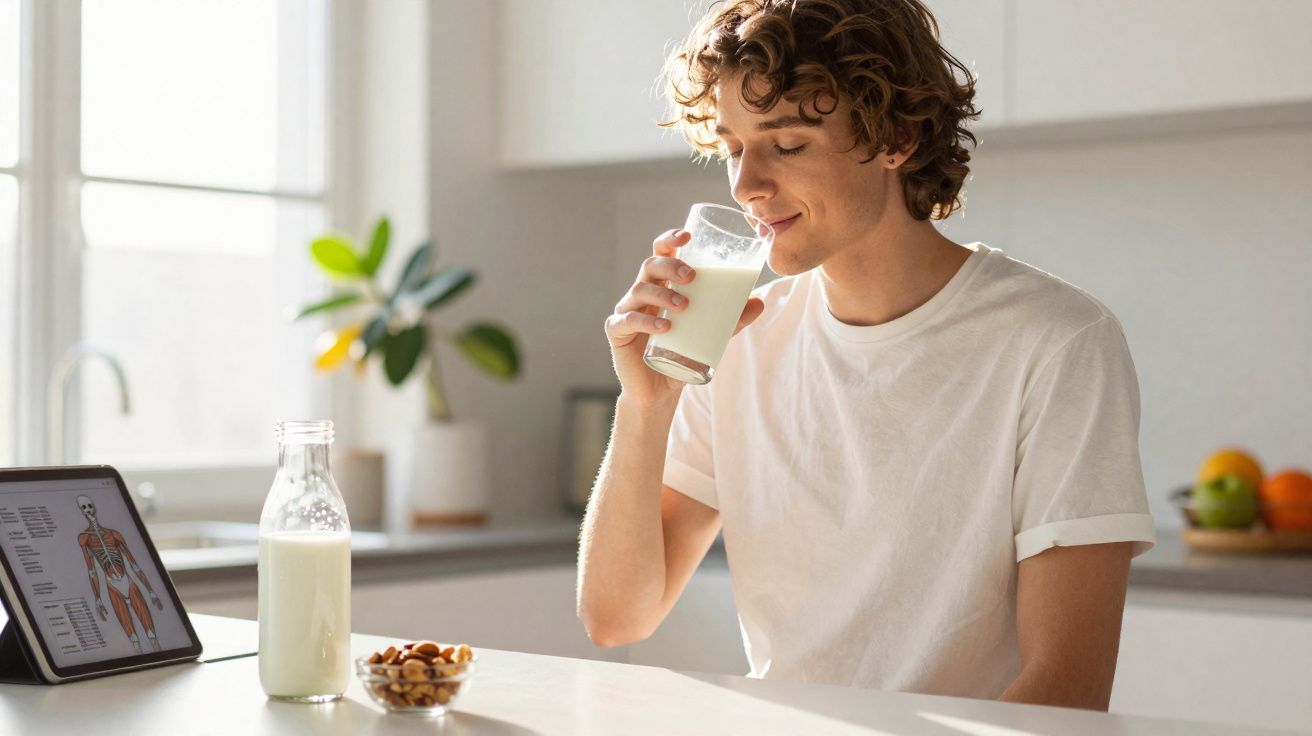 Jonge man drinkt een glas melk aan tafel met een tablet en een kommetje noten naast zich.