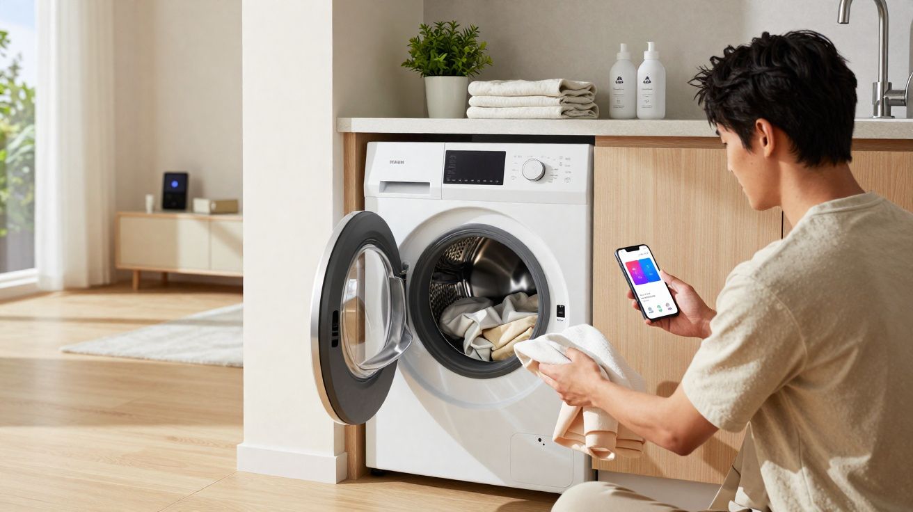 Man bekijkt smartphone terwijl hij kleding uit een wasmachine haalt in een moderne lichte wasruimte.