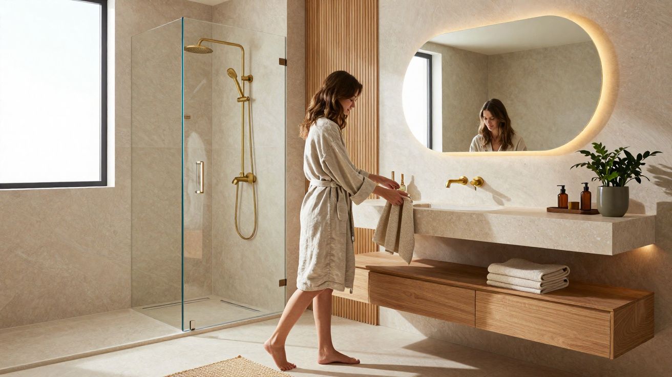 Vrouw in een beige badjas staat in een moderne badkamer met glazen douche en verlicht ovaal spiegel.