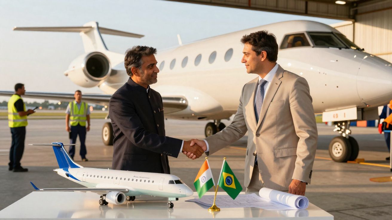 Twee zakenmannen schudden elkaar de hand bij een privéjet met Indiase en Braziliaanse vlaggen op tafel.