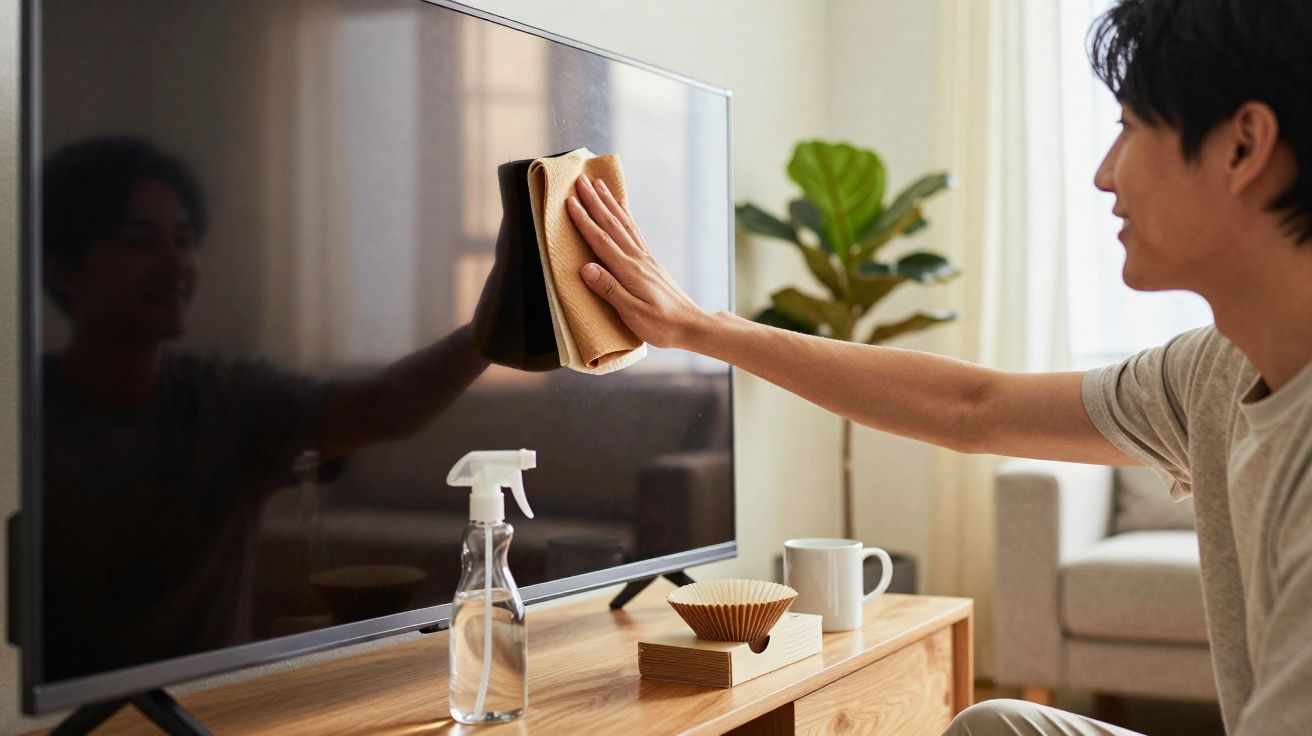 Persoon maakt een tv-scherm schoon met een doek, sprayfles en kopje op houten kast in woonkamer.