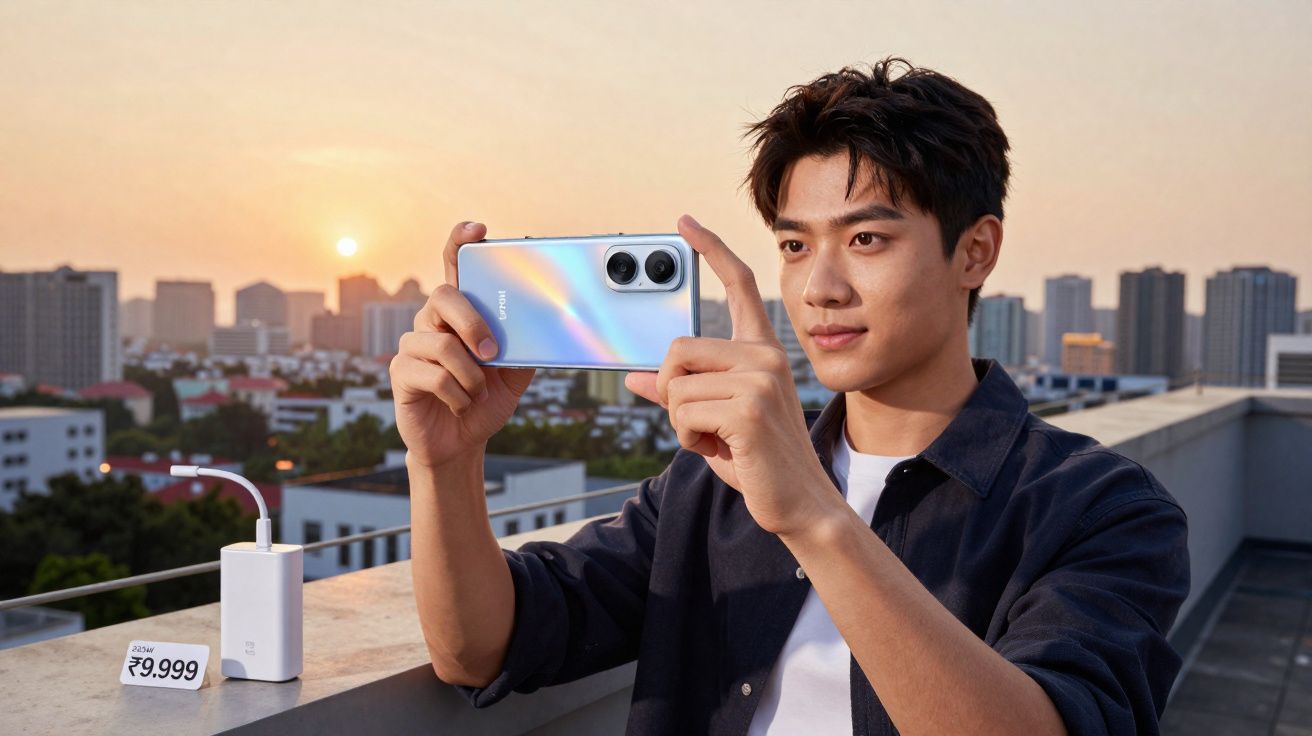 Jonge man neemt foto met smartphone op dak bij zonsondergang in stedelijke omgeving.