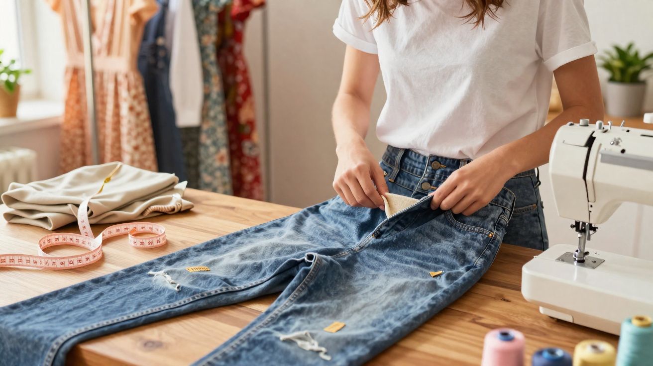 Vrouw die een scheur in een spijkerbroek repareert aan een houten tafel met naaimachine en meter.