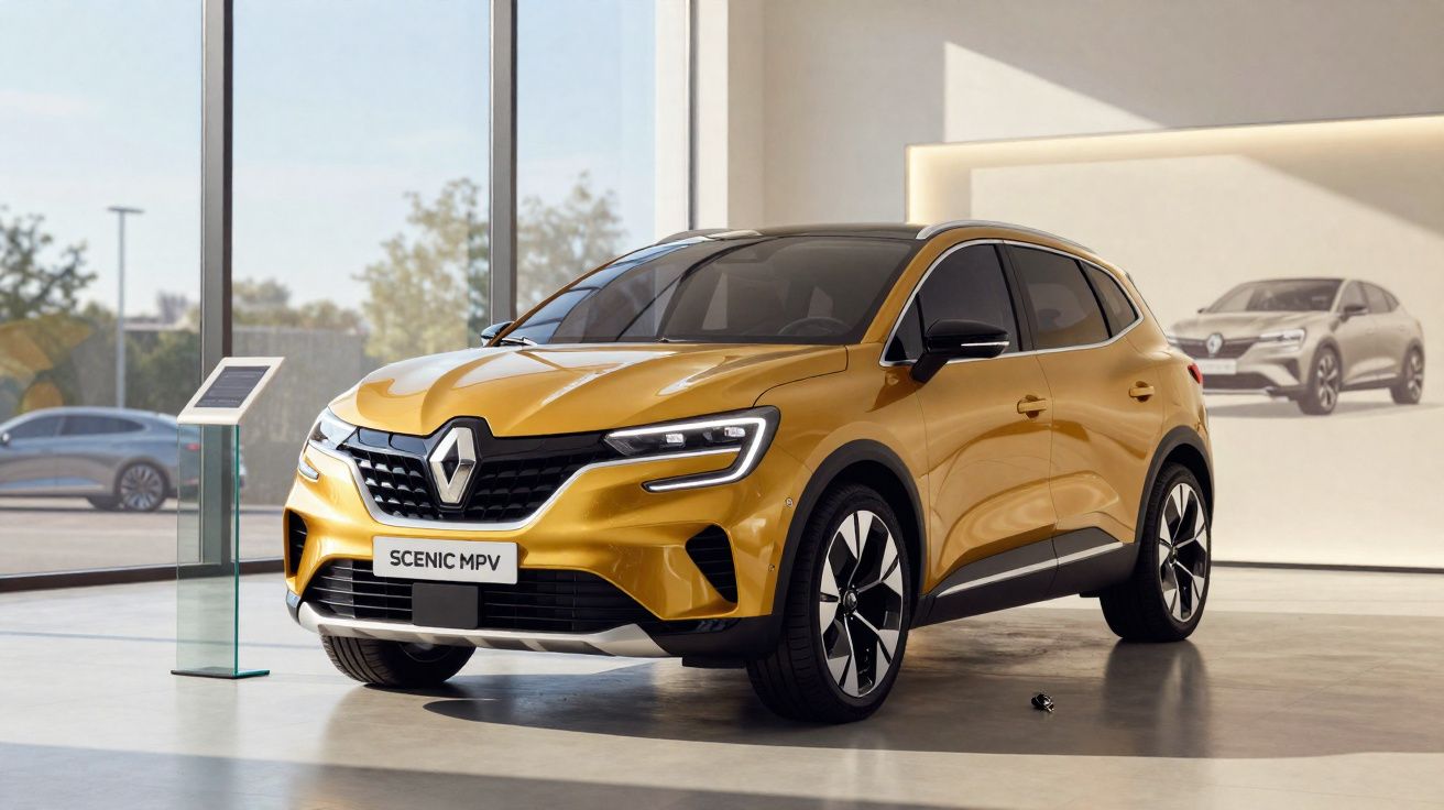 Gouden Renault Scenic MPV SUV geparkeerd in een moderne showroom met grote ramen en displaybord naast de auto.