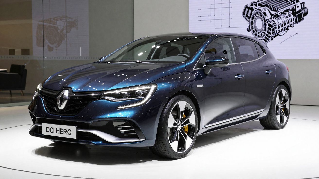 Donkerblauwe Renault DCI HERO hatchback auto tentoongesteld in een moderne showroom onder felle verlichting.
