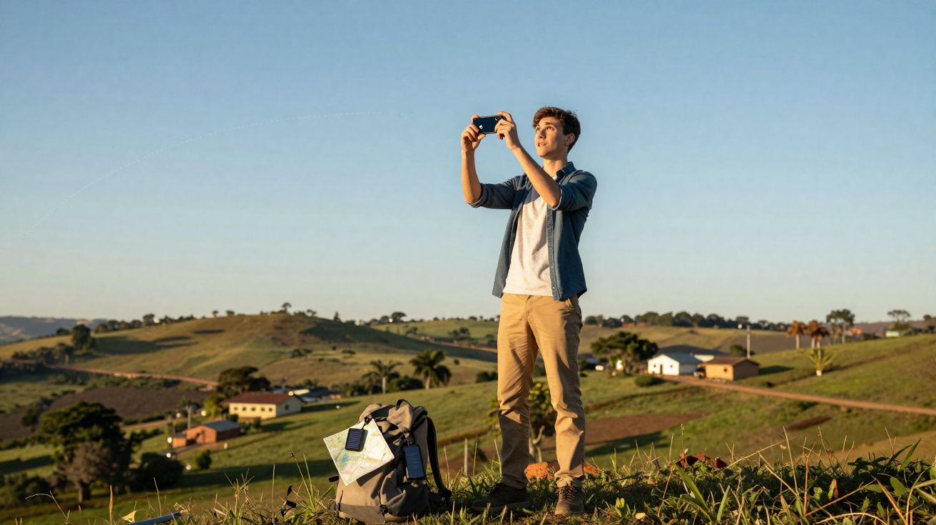 Jonge man maakt foto met smartphone in groene heuvelachtige omgeving, rugzak en kaart op grond.