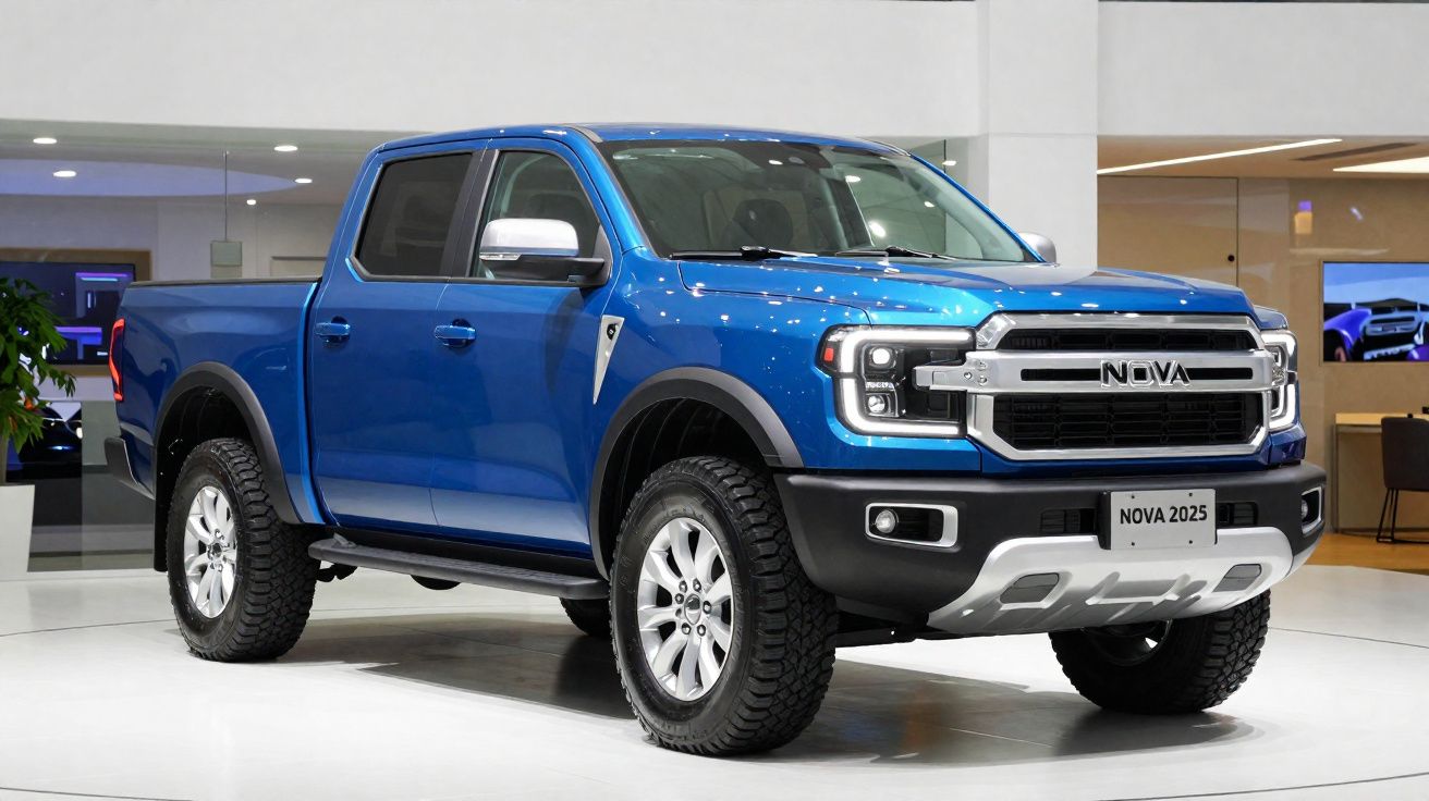 Blauwe NOVA 2025 pick-up truck met vier deuren, grote banden en robuust ontwerp in showroomomgeving.