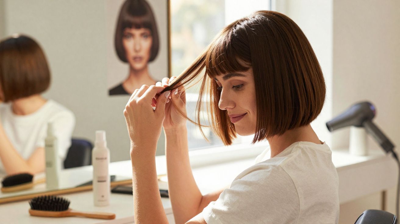 Vrouw met kort bruin haar die haar lokken bekijkt aan een kaptafel met spiegel en haarproducten.