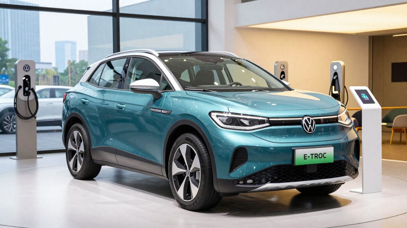Blauwe Volkswagen E-TROC elektrische auto in showroom met laadpalen op de achtergrond.