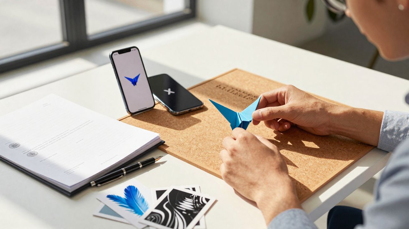 Persoon vouwt een blauw origami vogeltje aan een bureau met documenten, foto's en smartphones.