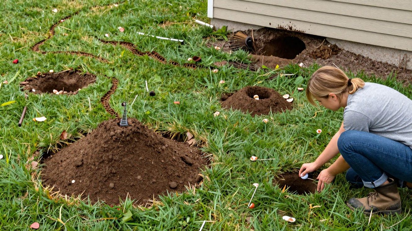 Jong meisje onderzoekt mollenhopen met kleine vlaggen en munten verspreid in het gras naast een huis.