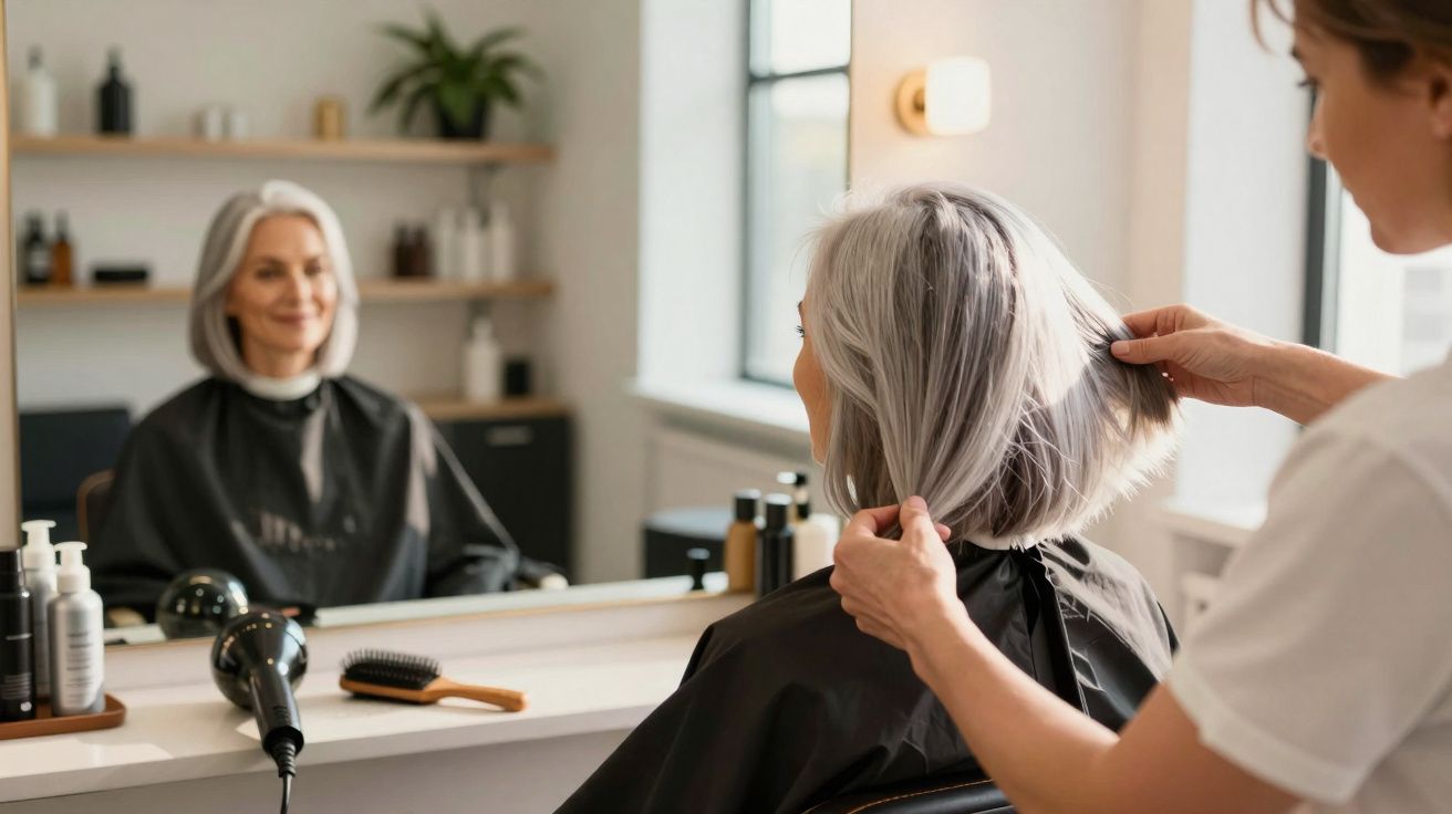 Oude vrouw in salonstoel krijgt een kapselbeurt van kapster voor grote spiegel in lichte kapsalon.