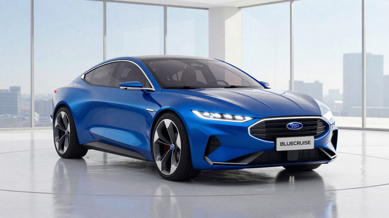 Blauwe sportieve elektrische auto met moderne koplampen, getoond in een lichte showroom met panoramische ramen.