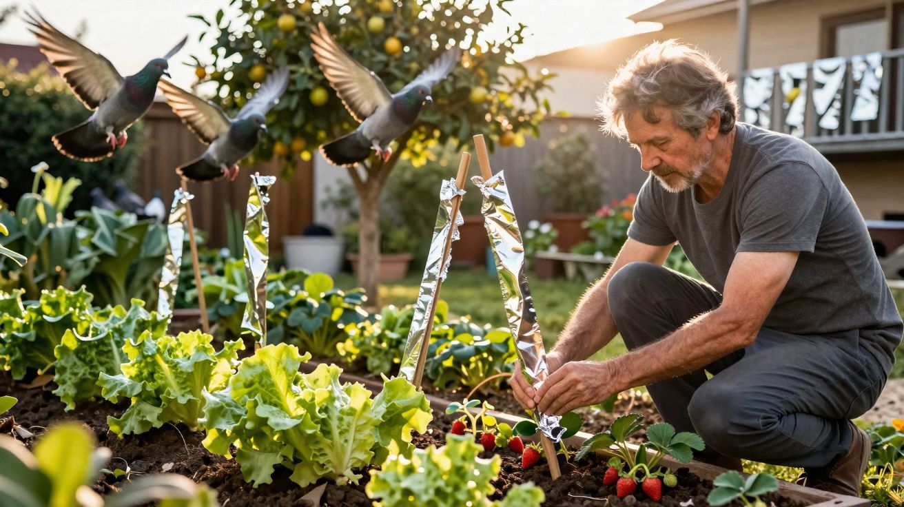 Middelbare man werkt in moestuin met sla en aardbeien terwijl duiven overvliegen bij zonsondergang.