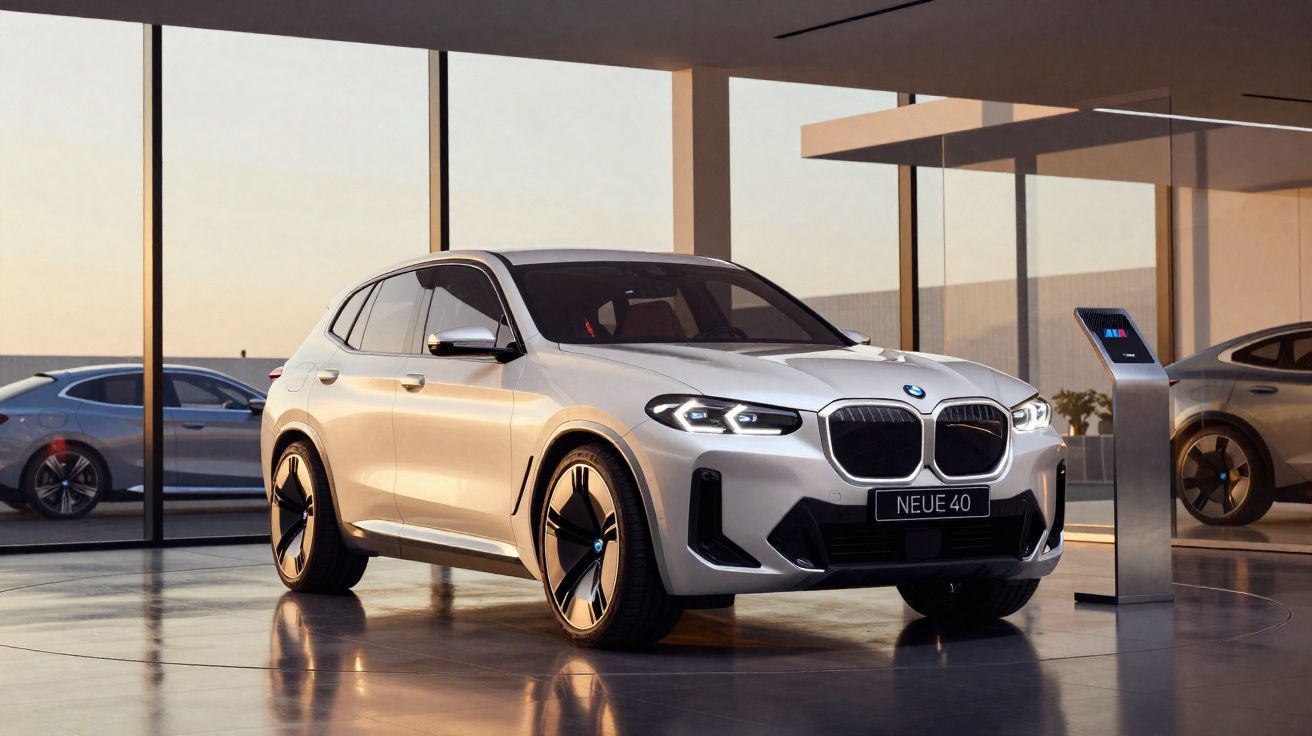 Witte BMW Neue 40 SUV geparkeerd in een moderne showroom met grote ramen en elektrische laadpaal.