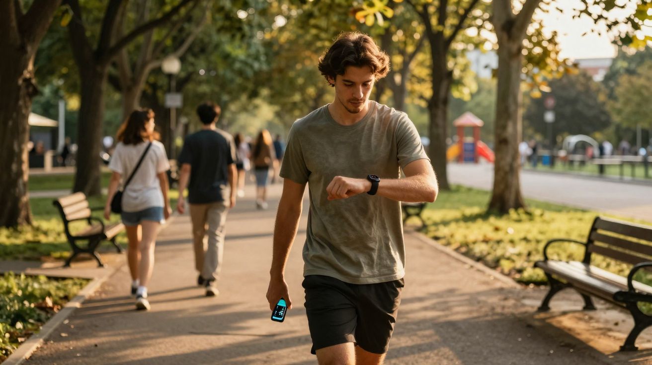 Jonge man in sportkleding controleert smartwatch tijdens joggen in zonnig park met lopende mensen op de achtergrond.
