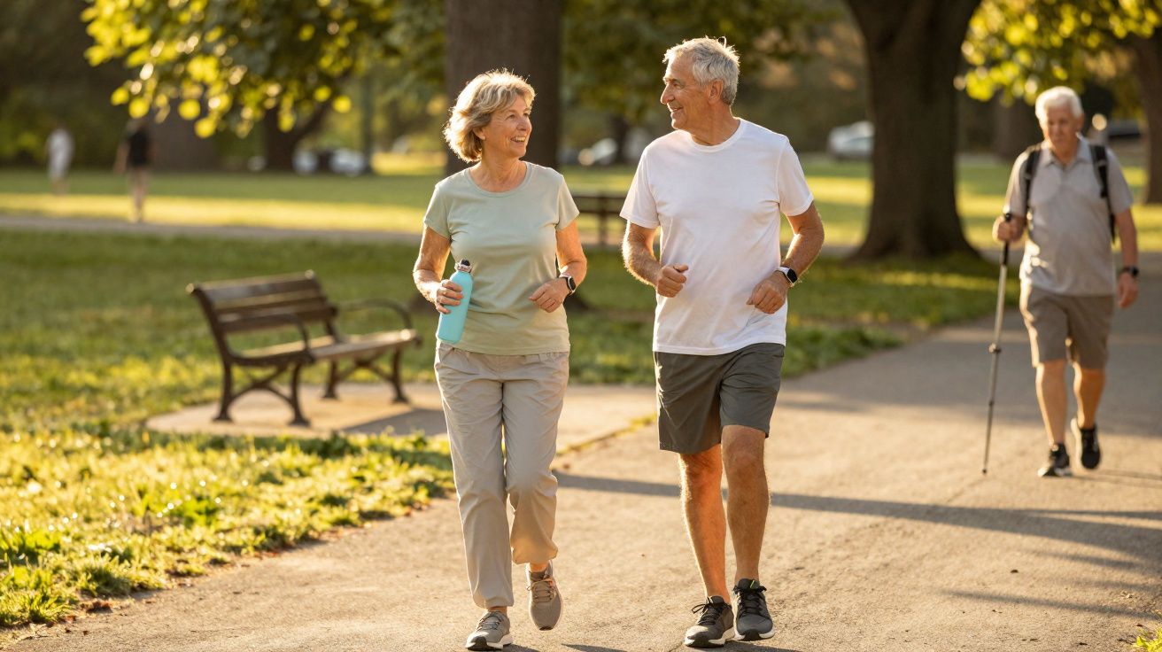 Twee oudere mensen wandelen en praten in een zonovergoten park, met een man op de achtergrond die nordic walking doet.