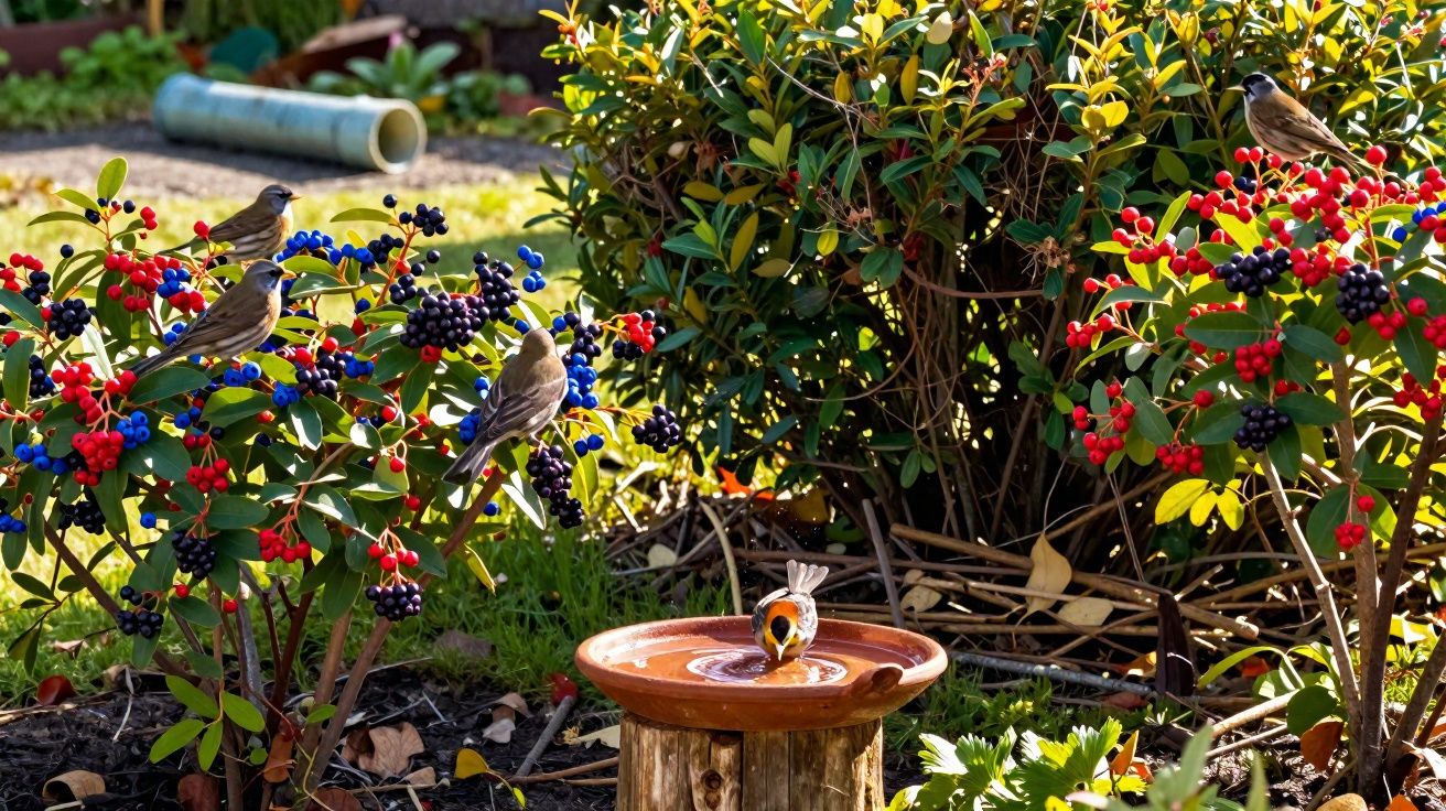 Vogels drinken water uit een vogelbad te midden van struiken met rode en blauwe bessen in een zonnige tuin.