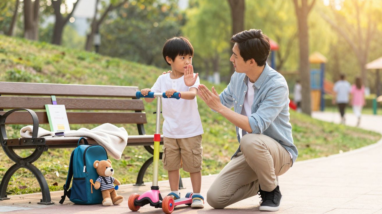Vader knielt naast zoon met step in park, zoon steekt hand op, man spreekt hem kalm toe.