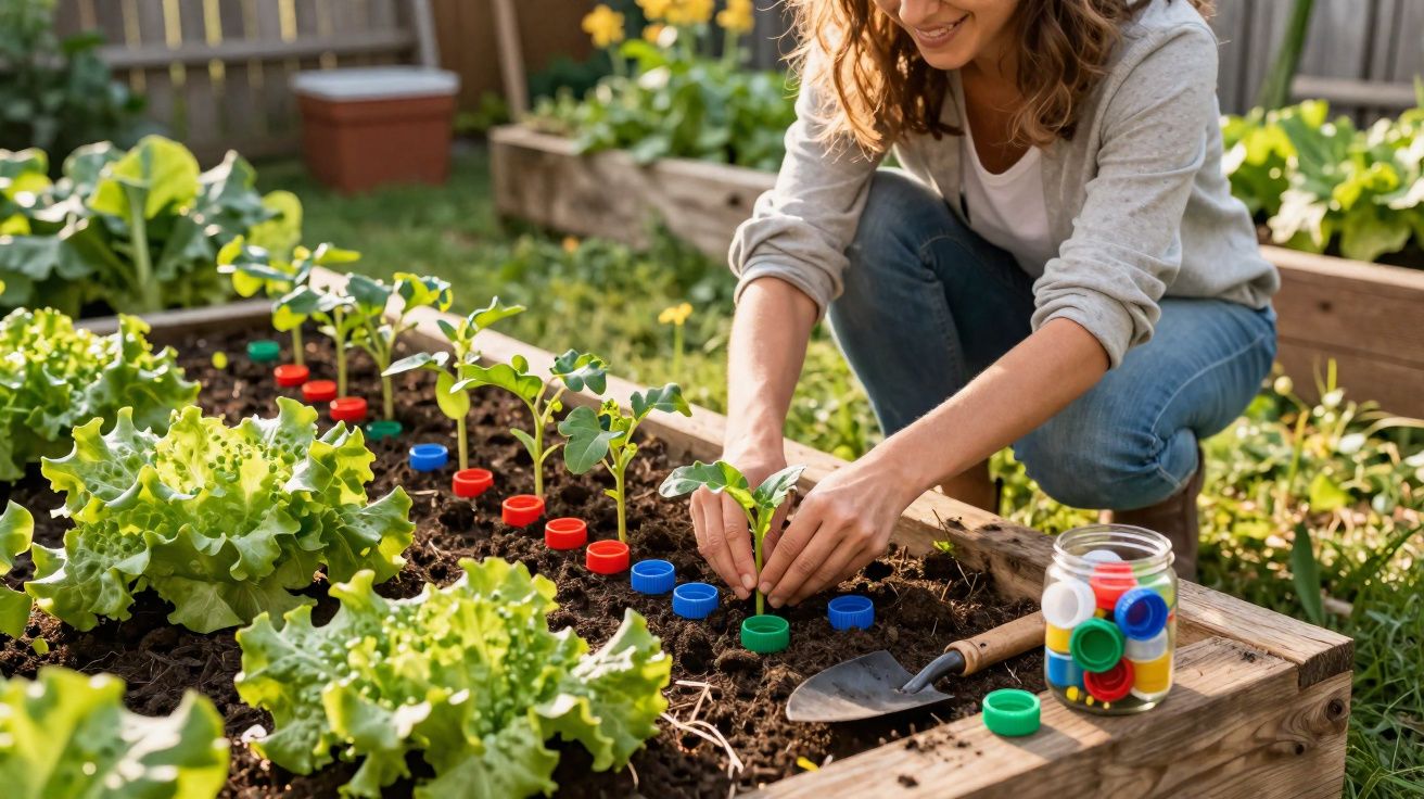 Vrouw planten jong gewas in verhoogde tuinbak met kleurrijke plastic doppen als markeringen.