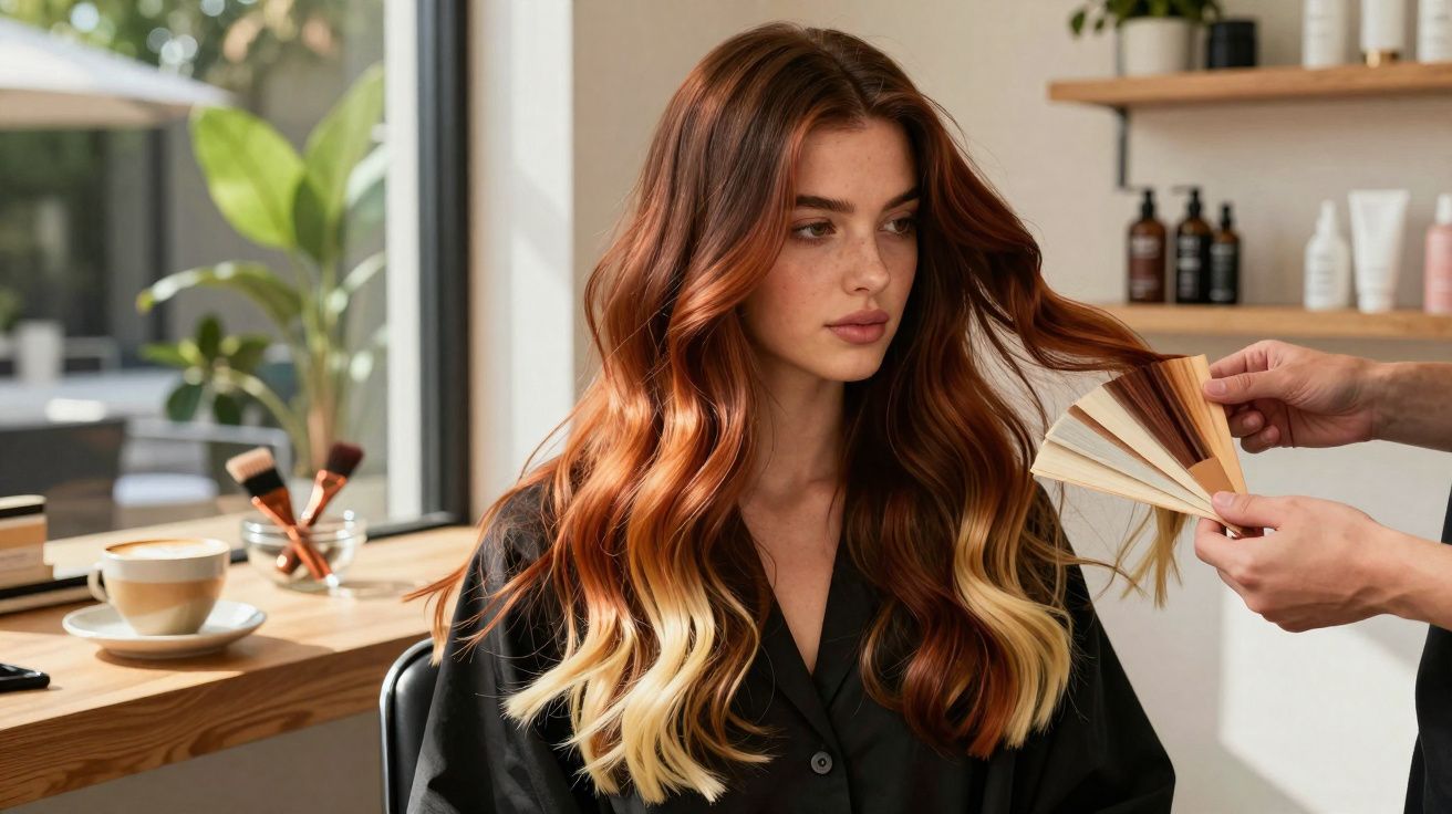 Vrouw met lang golvend haar kijkt naar haarkleurstalen in lichte, moderne kapsalon.