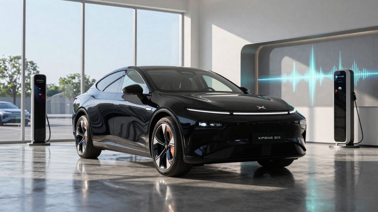 Zwarte elektrische auto parkeert in moderne ruimte met laadstations en digitale geluidsweergave op muur.