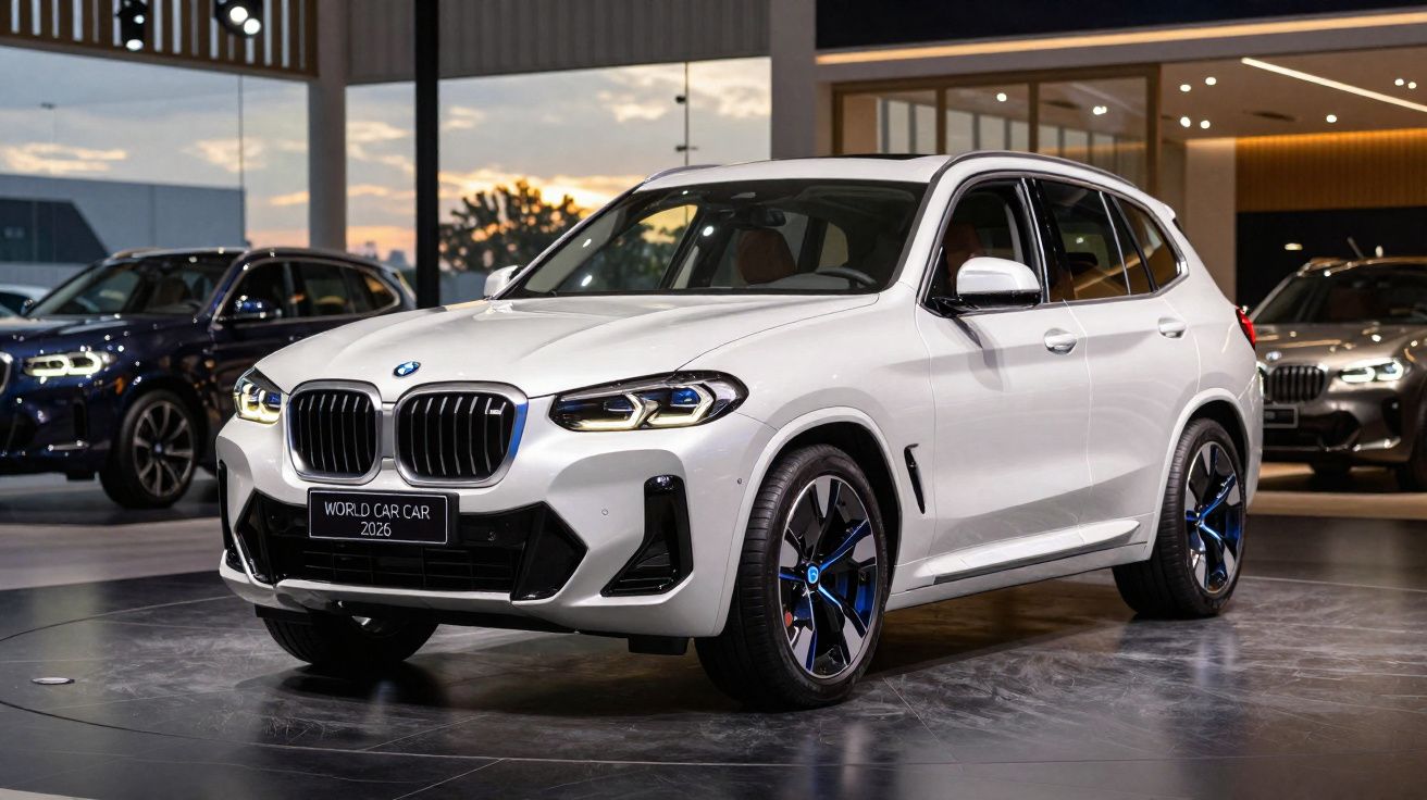 Witte BMW SUV in showroom met bordje "World Car Car 2025" op front, moderne ledkoplampen en zwarte wielvelgen.