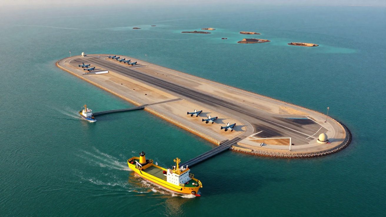 Luchtfoto van een kunstmatig eiland met een vliegdekschip en schepen op de oceaan.