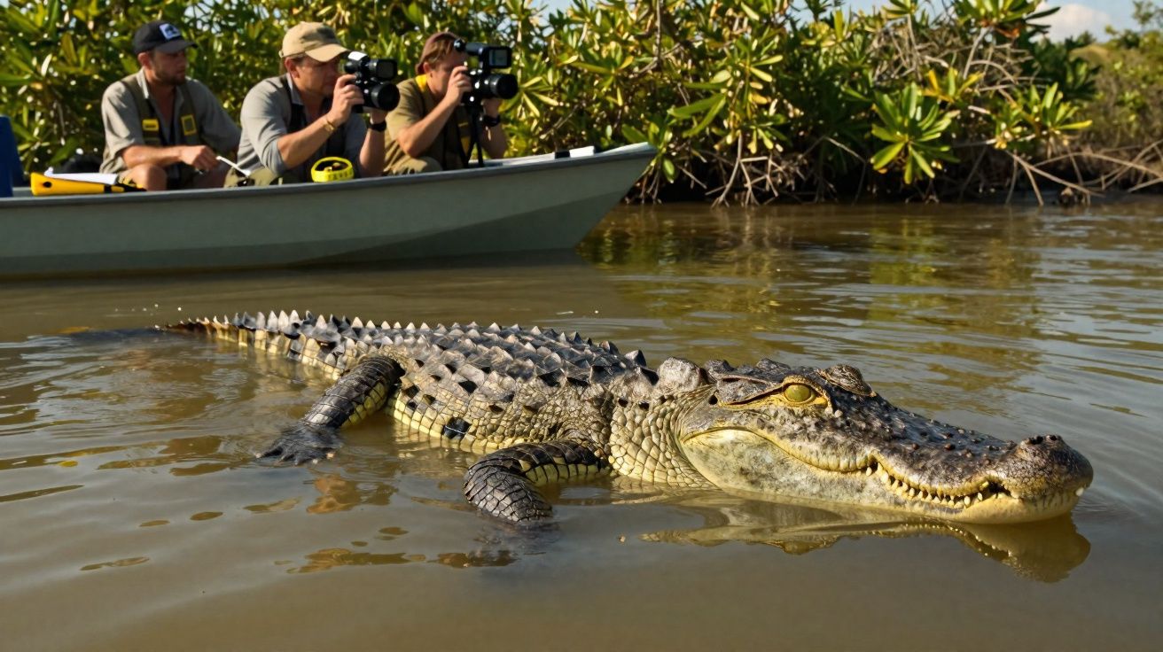 Een krokodil zwemt dicht bij een boot met fotografen in een mangrovegebied.