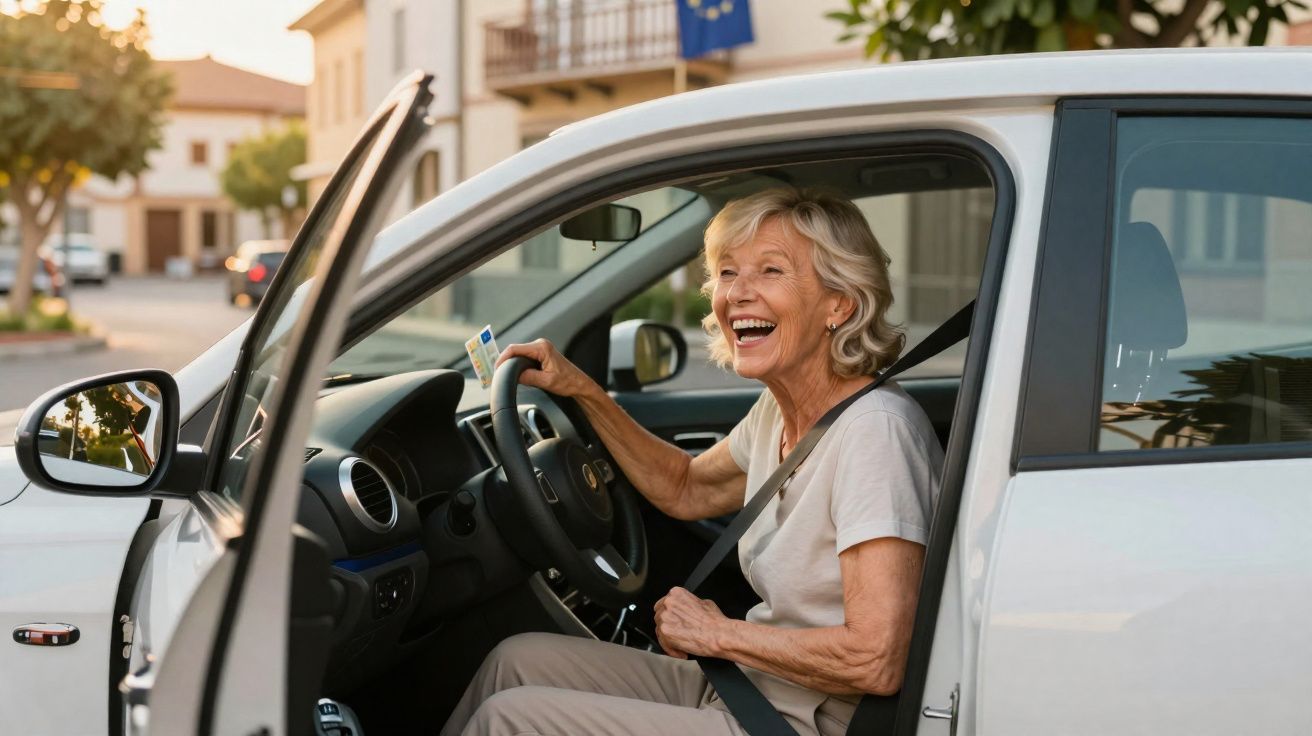Oudere vrouw lacht terwijl ze in een auto zit met veiligheidsgordel om en een rijbewijs in haar hand.