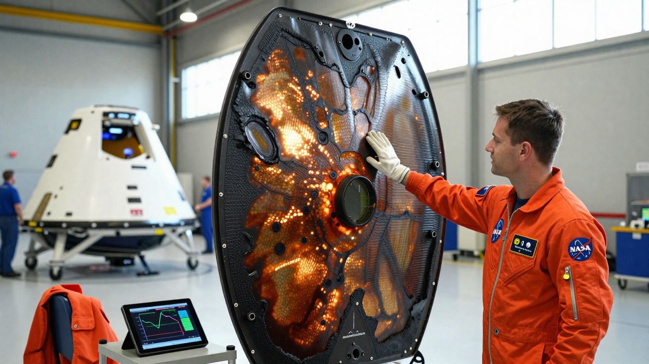Een technicus in een oranje NASA-pak onderzoekt een geavanceerd, verlicht ruimtegerelateerd apparaat in een werkplaats.