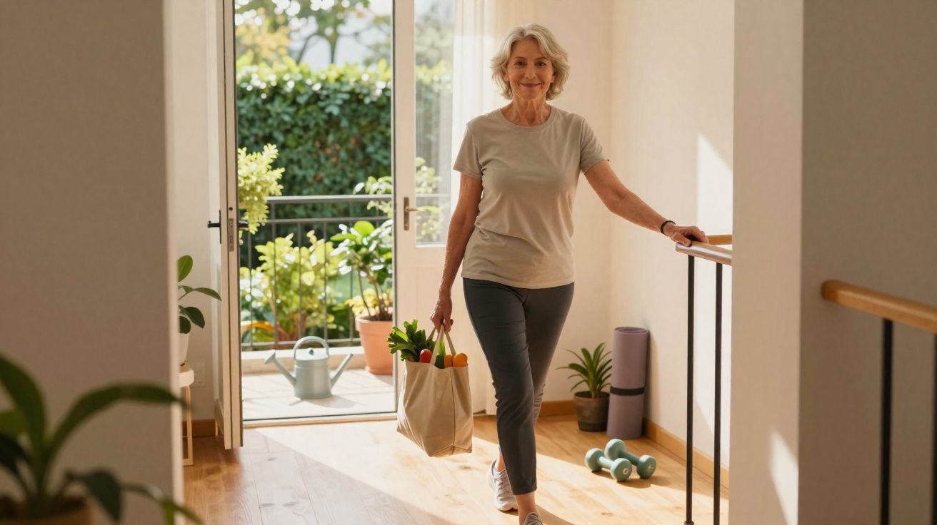 Vrouw met boodschappentas loopt door een zonnige woonkamer met planten en fitnessmateriaal.