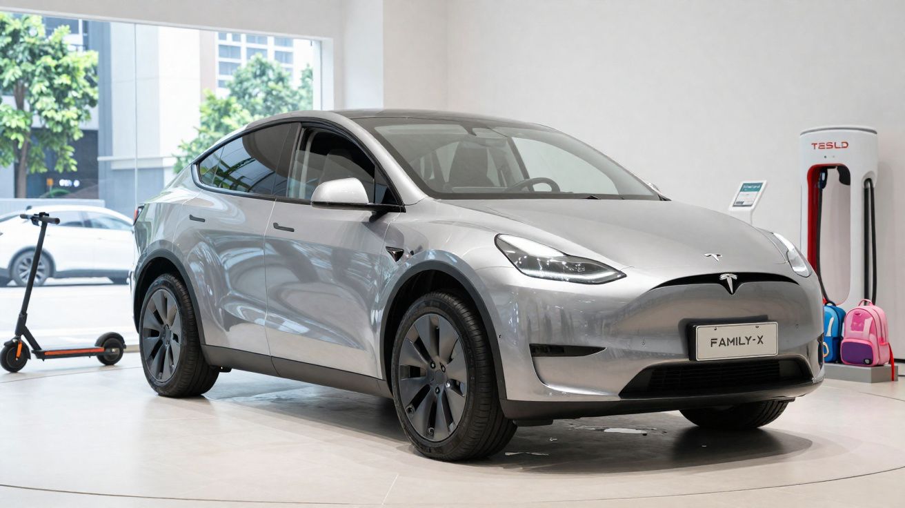 Zilverkleurige Tesla Family-X elektrische SUV geparkeerd bij een oplaadstation binnenshuis.