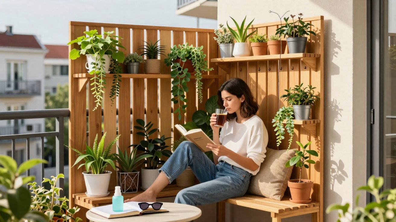 Vrouw zit op balkon tussen planten, leest boek en drinkt koffie op een zonnige dag.