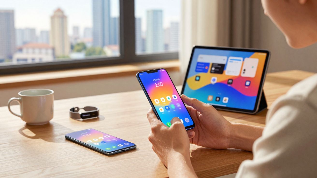 Persoon gebruikt smartphone met tablet, extra telefoon, smartwatch en koffiemok op houten bureau bij raam.