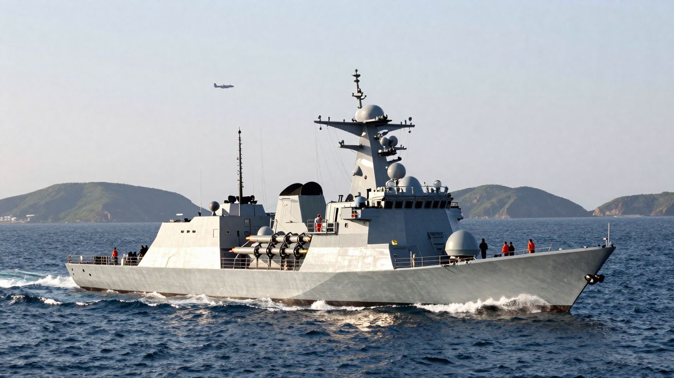 Militair marineschip met antennes en raketten vaart op zee bij eilanden en een vliegtuig aan de horizon.