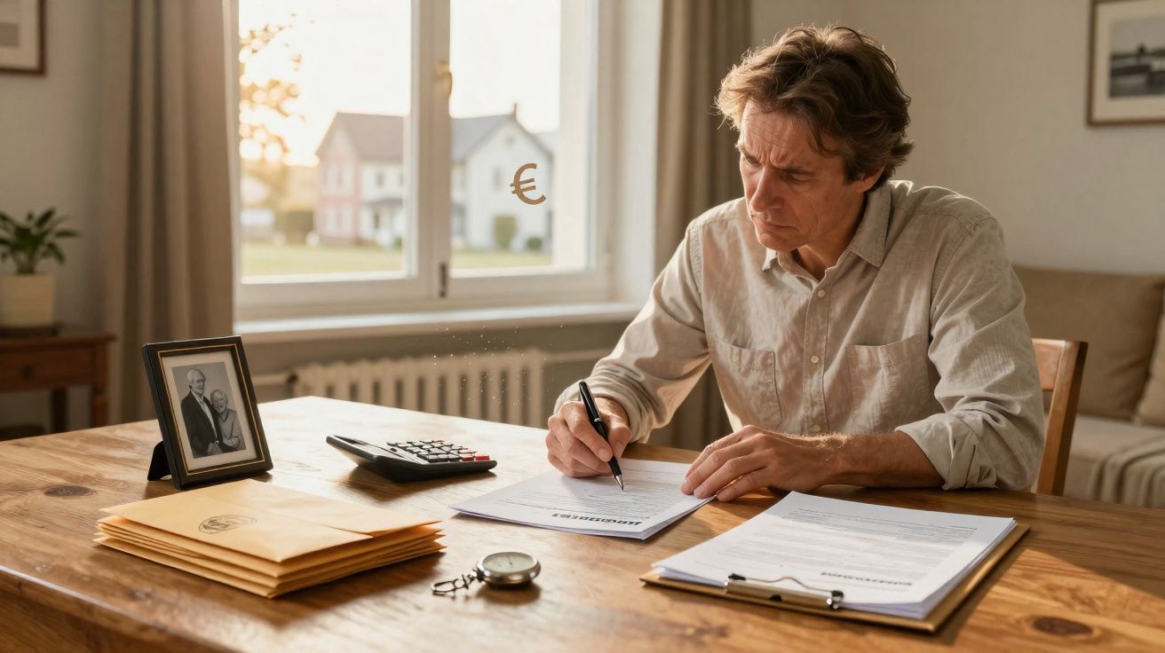 Man die aan tafel documenten ondertekent met rekenmachine en foto van ouder koppel erbij