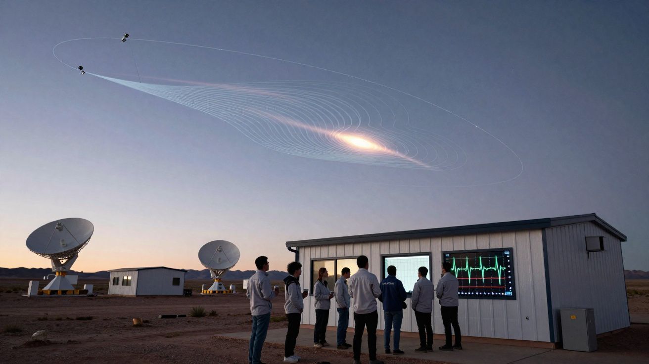 Groep mensen observeert satellietschotels bij zonsondergang met digitale astrografiek aan muur van gebouw.
