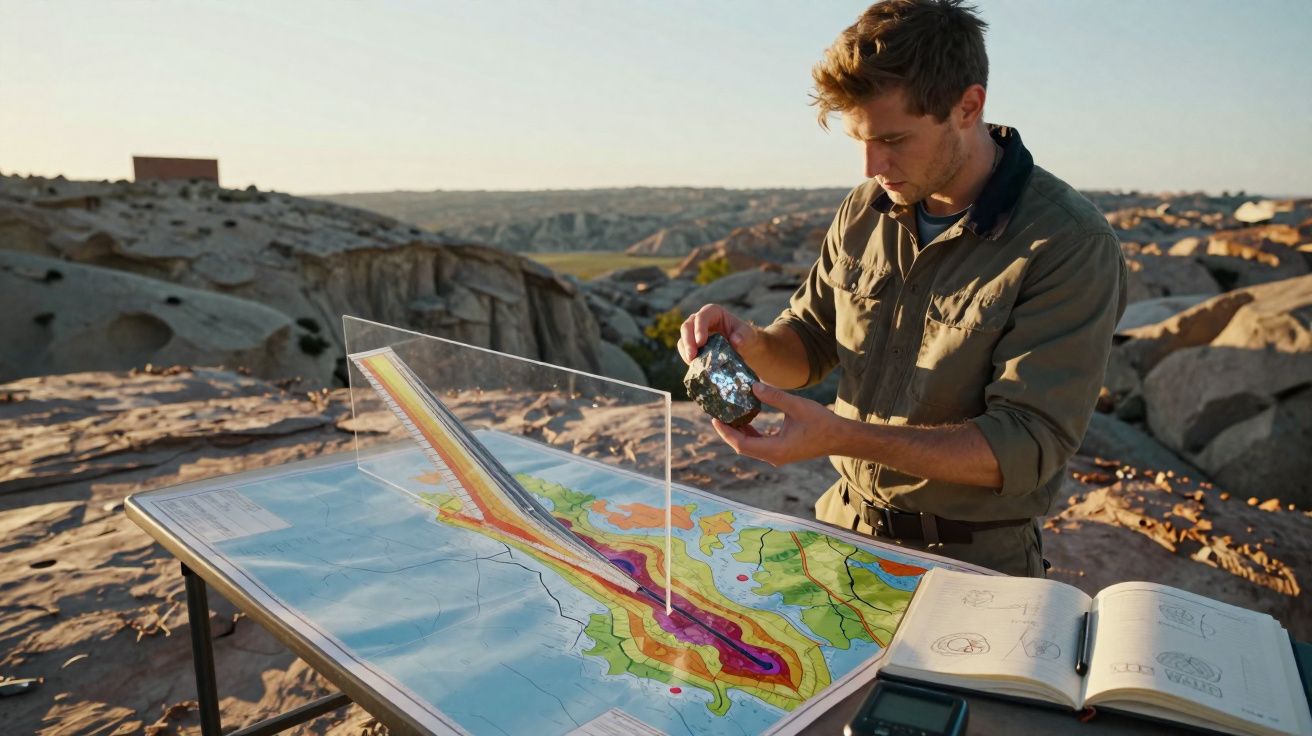 Man bestudeert rots en kaart met 3D-geologische doorsnede op tafel in ruig landschap.