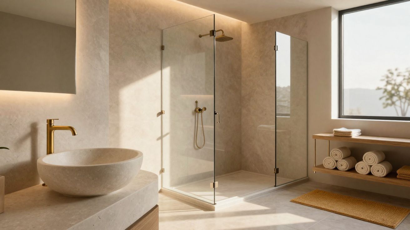 Moderne badkamer met glazen douche, ronde wastafel en opgerolde handdoeken op houten plank.