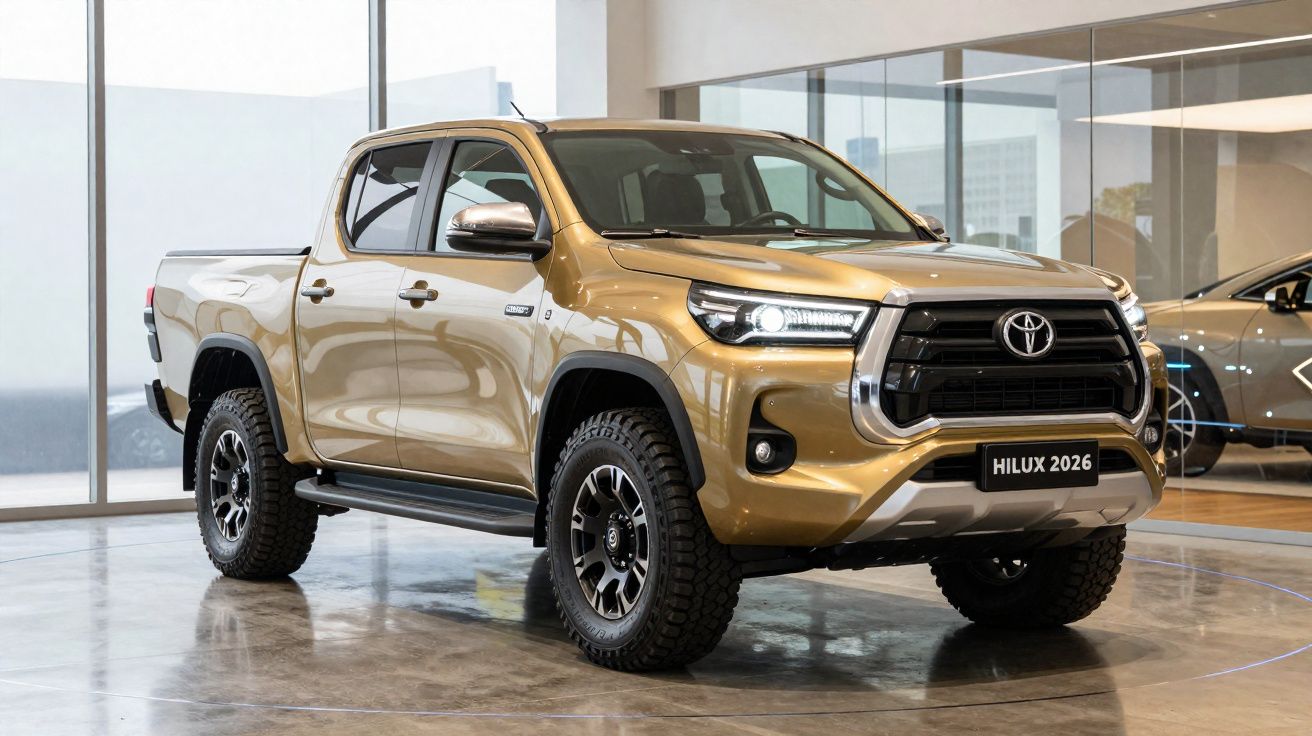 Gouden Toyota Hilux 2026 pickup truck, staand in een moderne showroom met glanzende vloer.