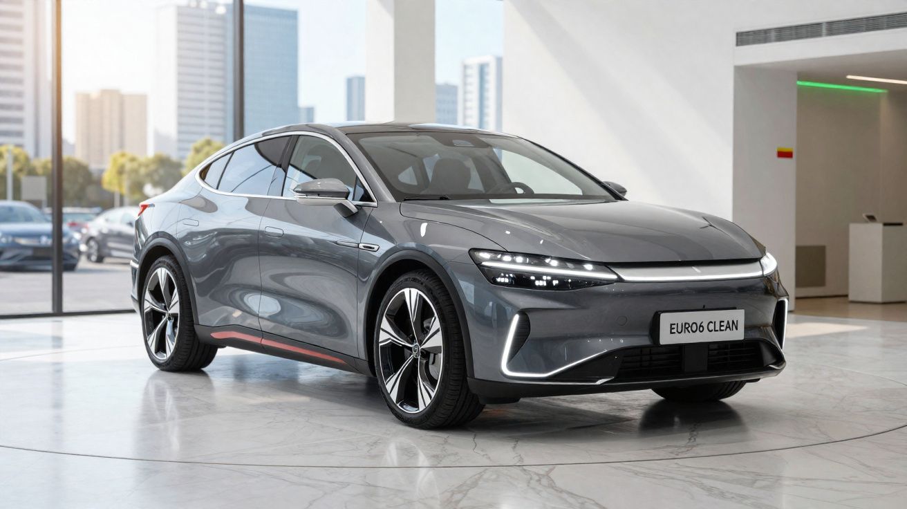 Grijze sportieve elektrische auto in moderne showroom met grote ramen en uitzicht op stad.