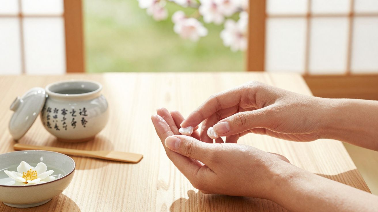 Handen die een kleine witte bloem vasthouden, met een pot en kom op een houten tafel in Japanse stijl.