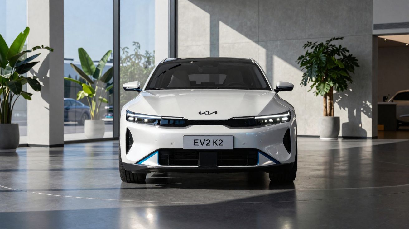 Witte elektrische Kia EV2 K2 auto in een showroom met grote ramen en planten.