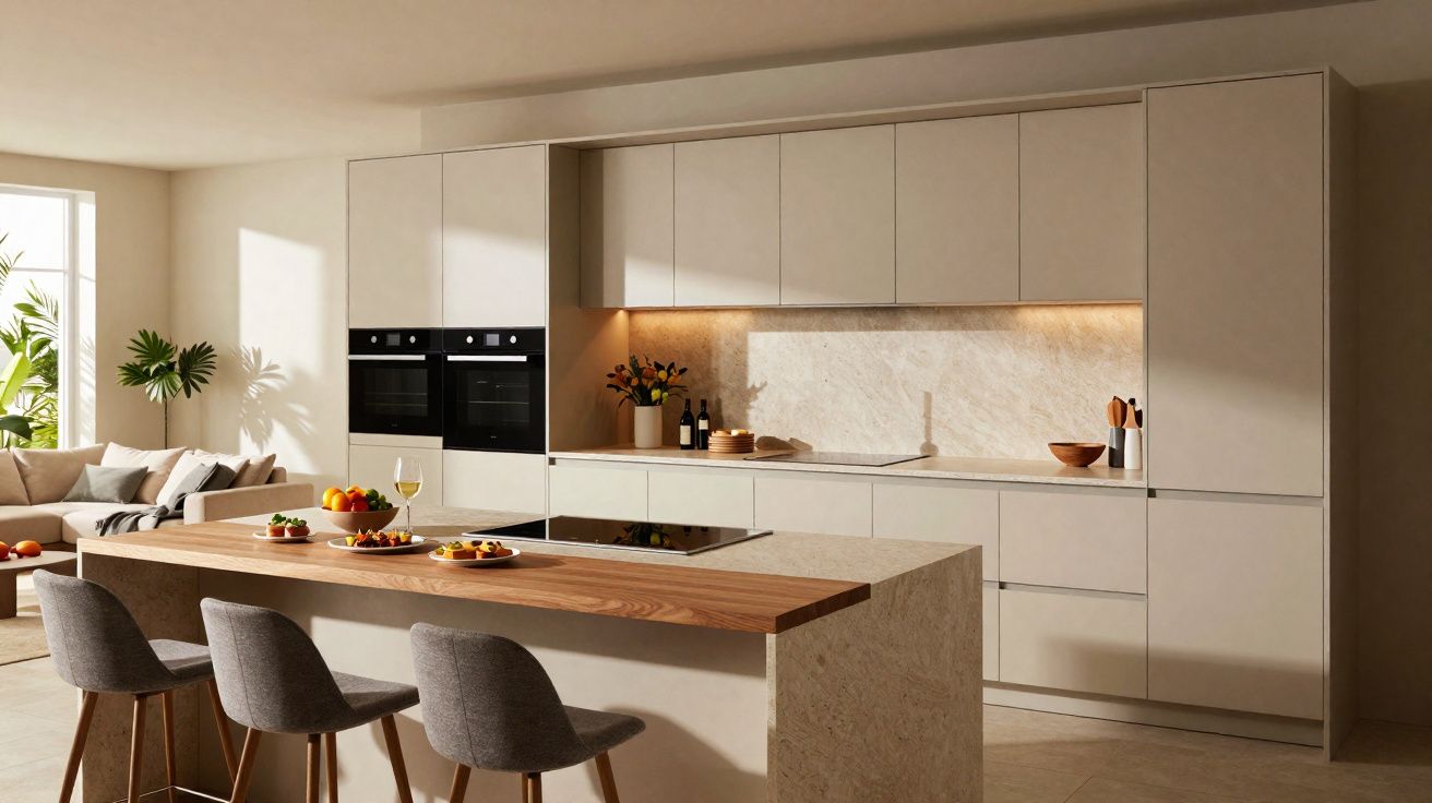 Moderne lichte keuken met kookeiland, drie barkrukken, ingebouwde oven en sfeerverlichting onder kasten.