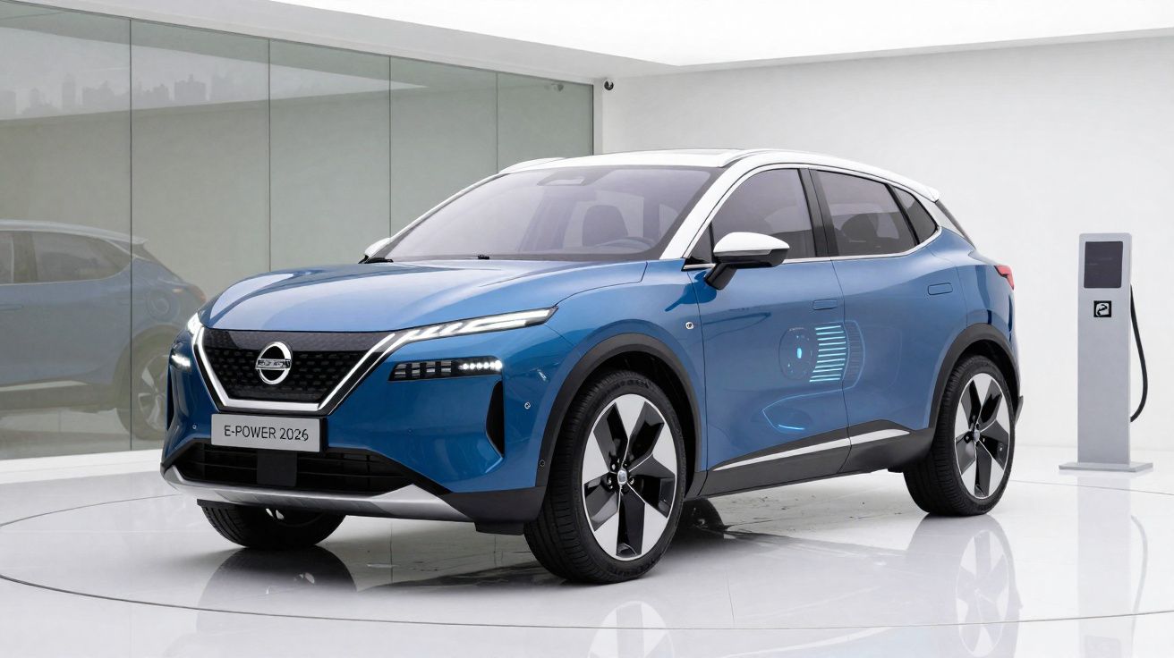 Blauwe Nissan elektrische SUV geparkeerd naast laadpaal in lichte, moderne showroomomgeving.