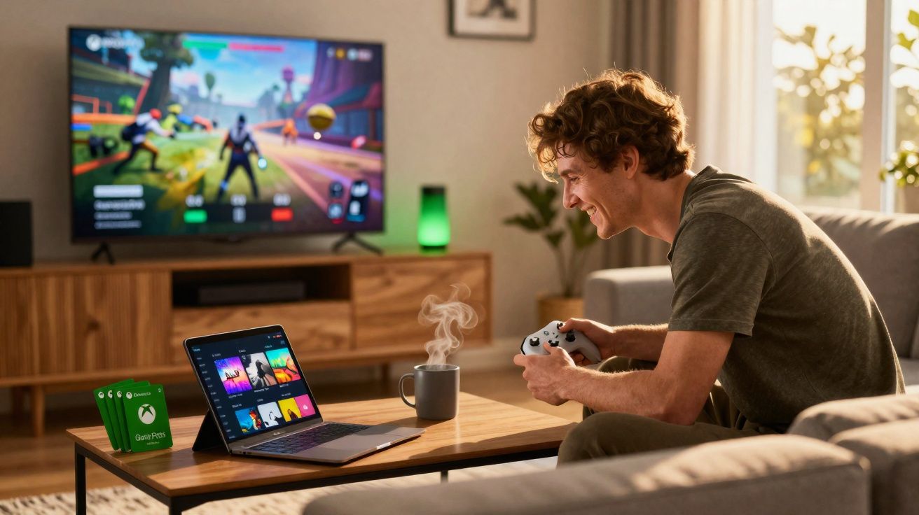 Jonge man speelt videogame met controller in woonkamer, laptop en televisie op de achtergrond zichtbaar.