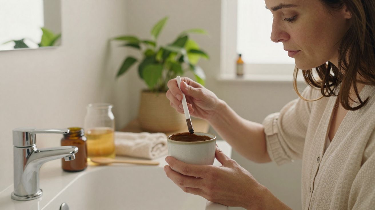 Vrouw die een lepel met bruine substantie in een kom houdt in een badkamer met planten en handdoek.